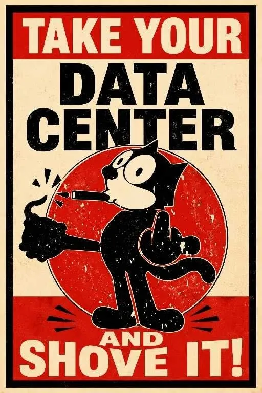 cartoon with black cat giving the finger and lighting grenade with his smoke, text says "take your data centre and shove it"