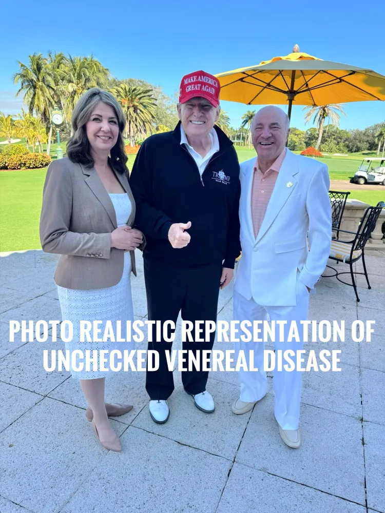 photo of trump kevin o'leary and danielle smith, alberta premier, with text "Photo realistic rep of unchecked VD"