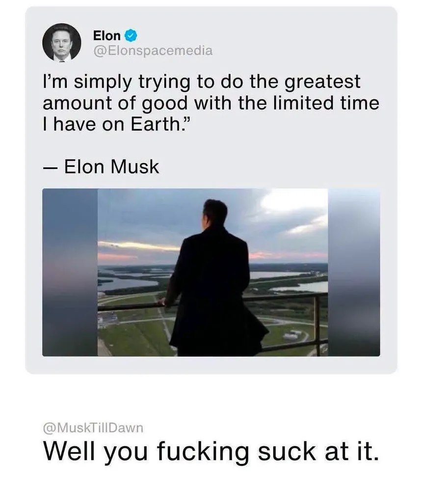 Elon Musk: I'm simply trying to do the greatest amount of good with the limited time I have on Earth."

@MuskTillDawn: "Well you fucking suck at it."