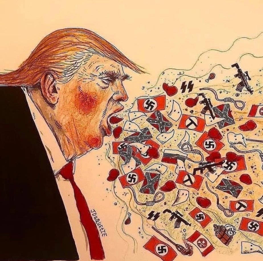 Jesse Dequette cartoon of orange trump spewing hate, Swaztikas, kkk crap, guns, confederate russian flags, MAGA hats, hang man nooses