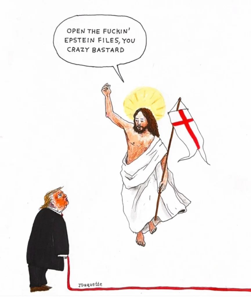 jesse duquette cartoon jesus telling orange trump to "open the fuckin' epstein files you crazy bastard"