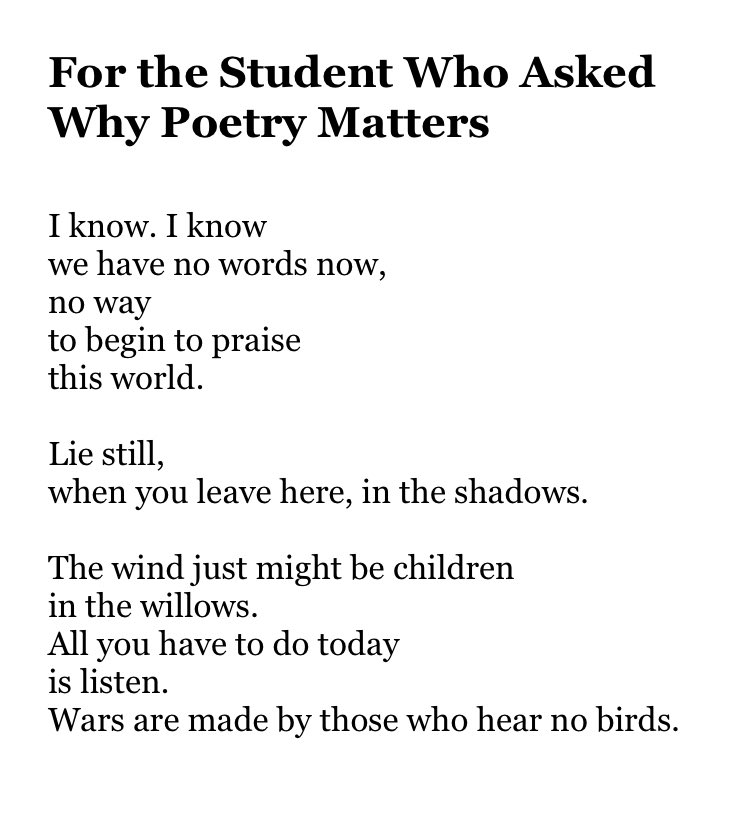 For the student who asked why poetry matters - Joseph Fasano I know. I know we have no words now, no way to begin to praise this world. Lie still, when you leave here, in the shadows. The wind just might be chidlren in the willows. All you have to do today is listen. Wars are made by those who hear no birds.