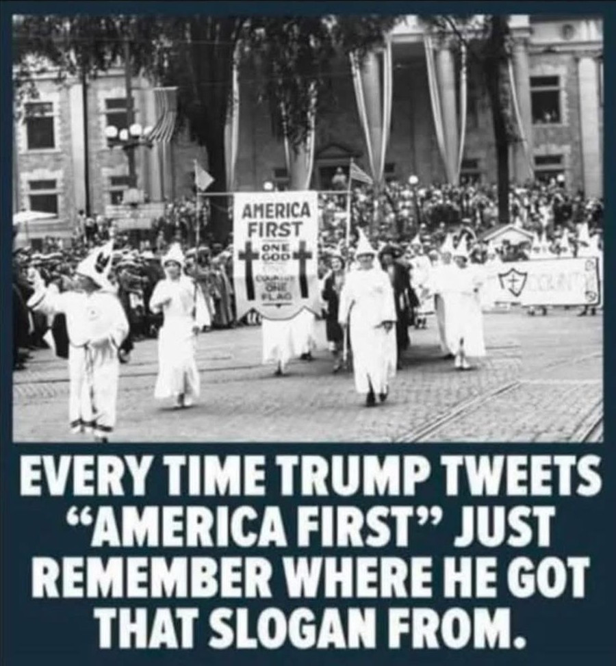 Trump is a copycat, American first slogan, mimicked by canada's pierre poilievre, one god, one flag, rape religion take over usa, used by KKK in the 1920s with photo of KKK march, ultra vulgar