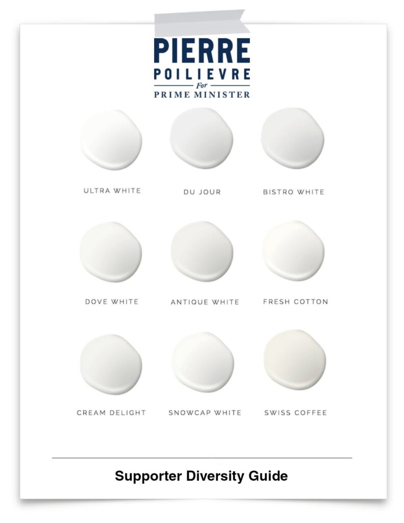 Image showing Pierre Poilievre's and CPC's supporter diversity guide, all shades of white, only all shades of white.