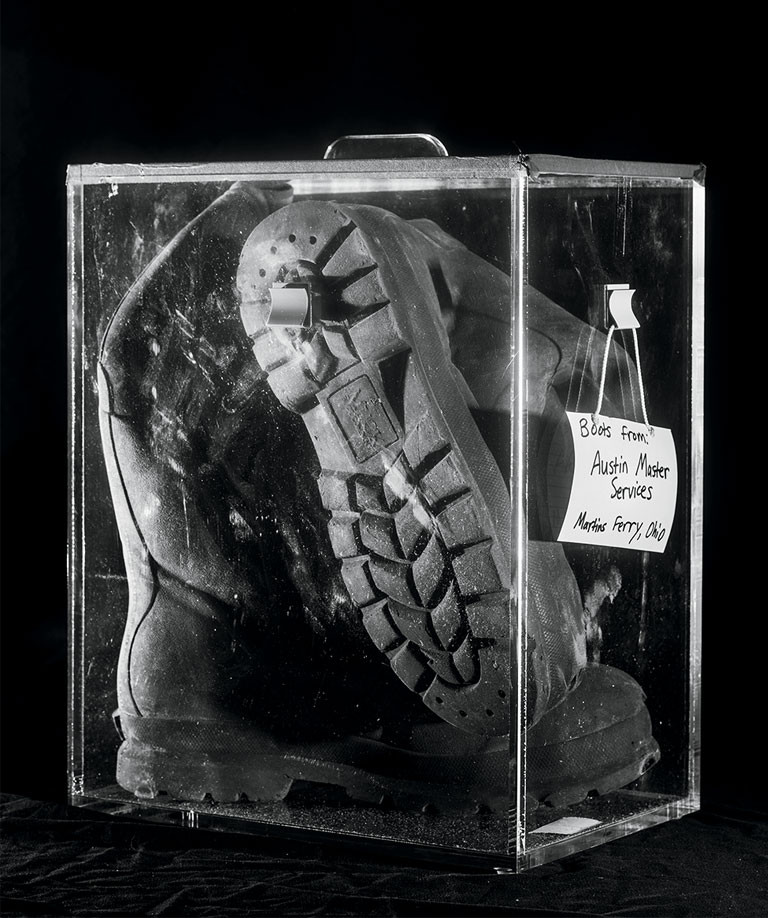 These work boots worn by an Ohio oil and gas wastewater brine truck driver tested positive for high radioactivity. Radioactivity can cause cancer, and it's a growing concern for frack waste haulers. Award-winning science journalist Justin Nobel warns about the health dangers to oil and gas transportation workers and our environment in "Petroleum 238: Big Oil's Dangerous Secret and the Grassroots Fight to Stop it." (Karret Press, 2024). (Buckeye Environmental Network Photo)