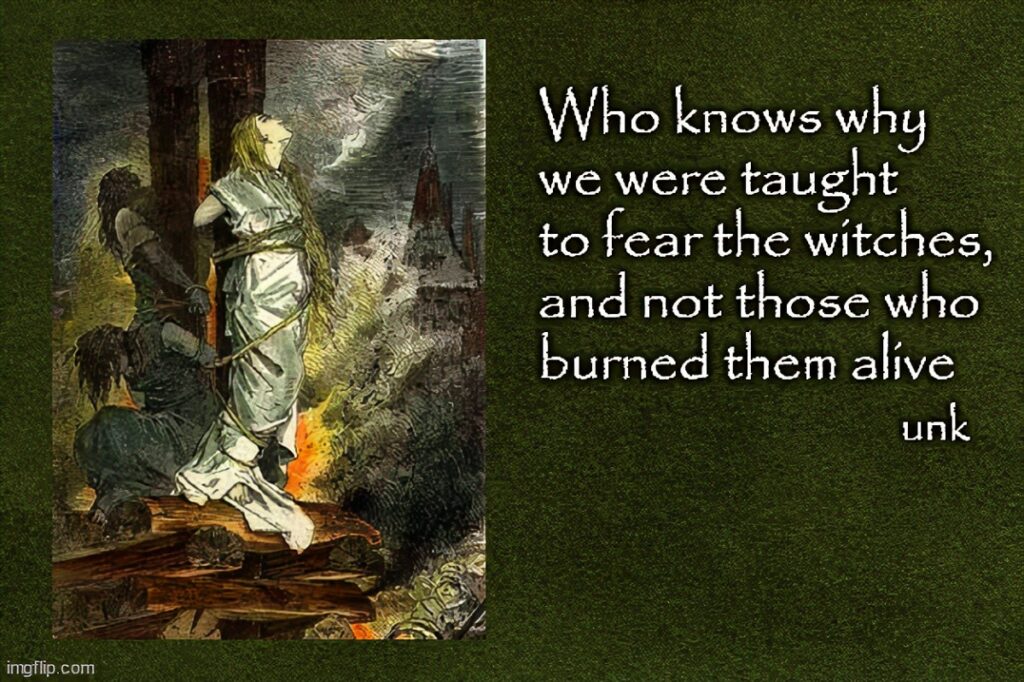 drawing of women being burned at the stake, with quote:

"Who knows why we were taught to fear witches, and not those who burned them alive."