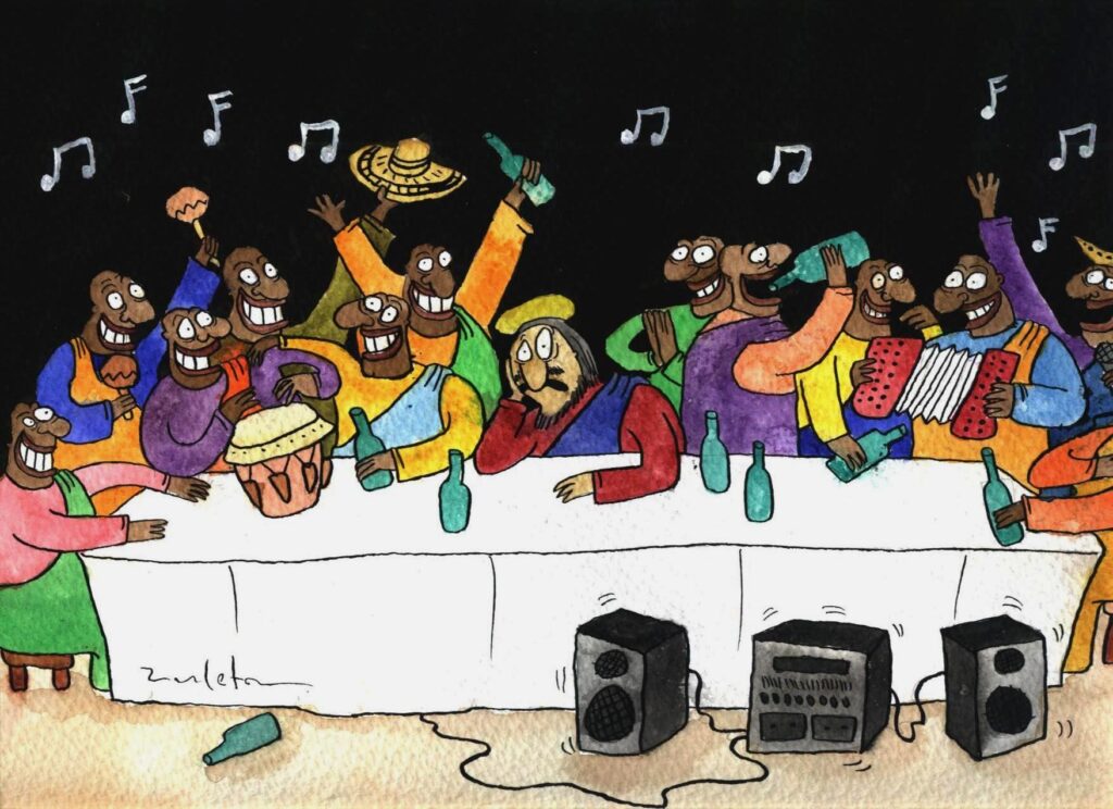 Zuleta cartoon showing jesus with head in hand, dismayed at his 12 apostles all drunk and partying